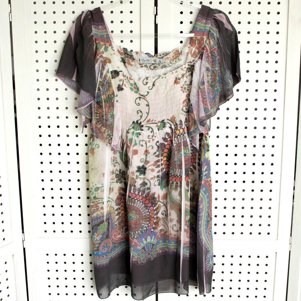 Unity World Wear Womens SIZE L Multicolor Floral Dress Boho Flutter Sleeve